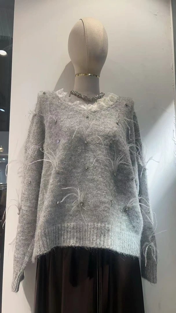 常规款针织长袖女宽松型纯色毛衣秋冬女士宽松蕾丝