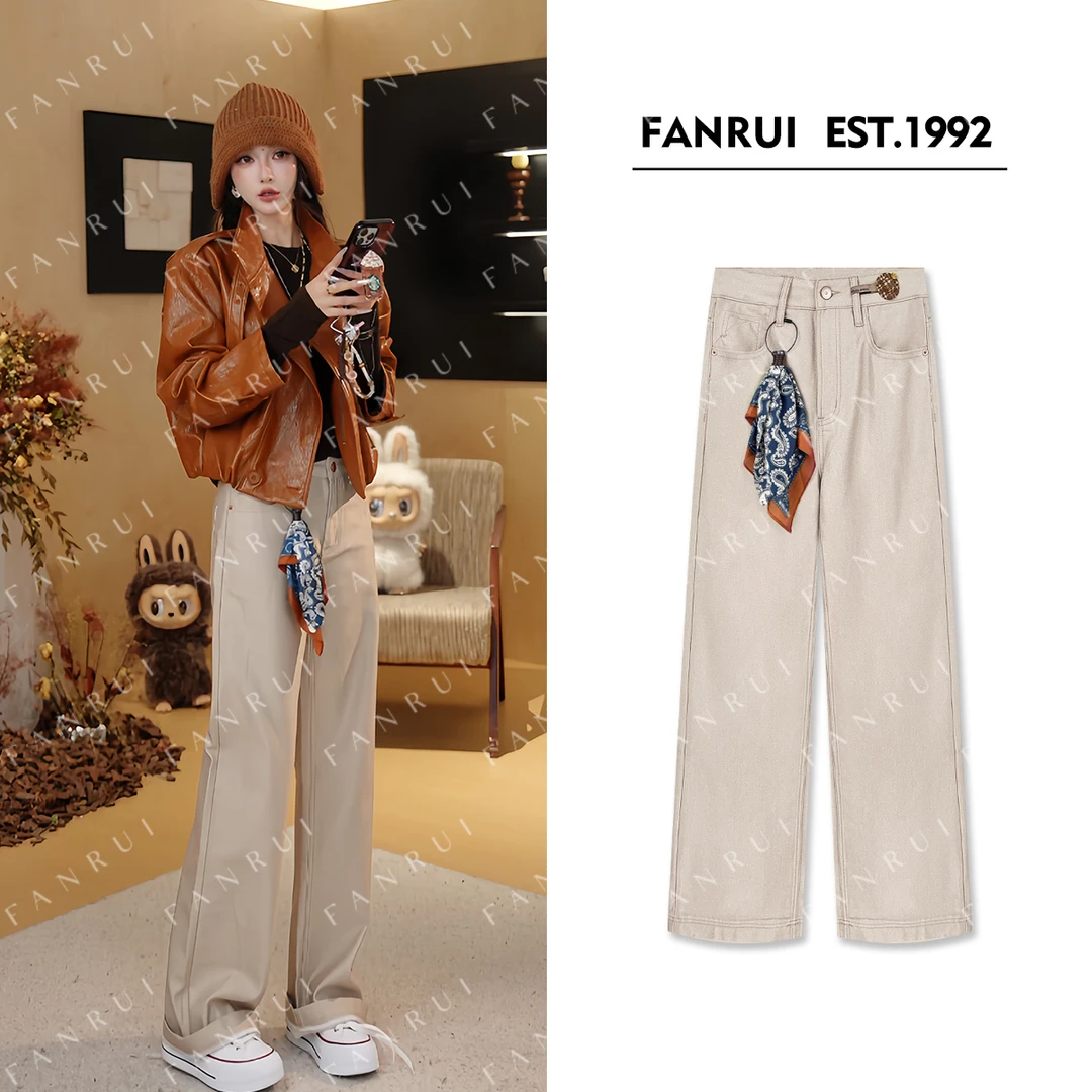 FANRUI/泛芮「桃夭映」复古百搭显瘦设计感气质休闲直筒长裤B18372