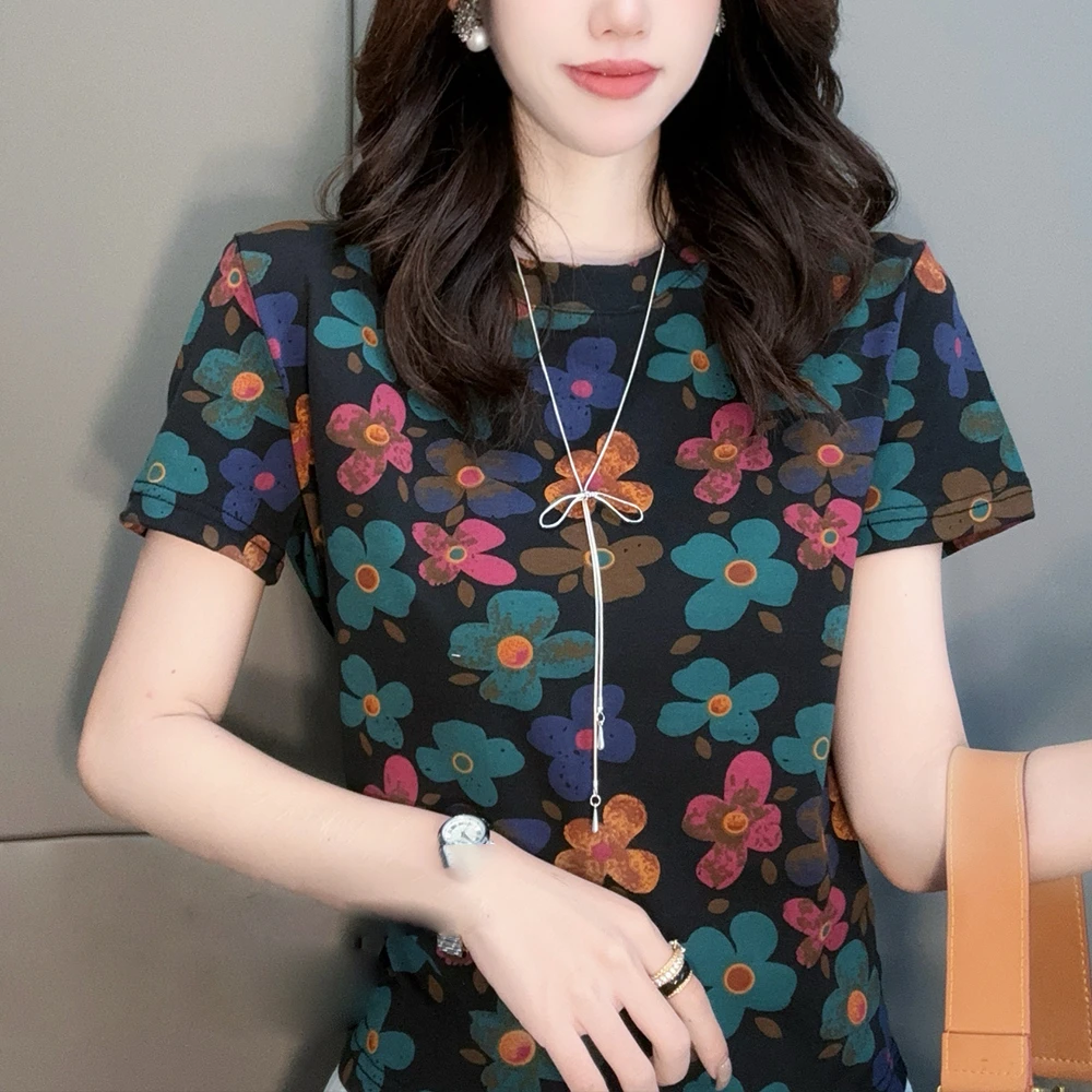 【黑色花朵】 夏季时尚碎花短袖百搭别致设计印花圆领T恤上衣1748