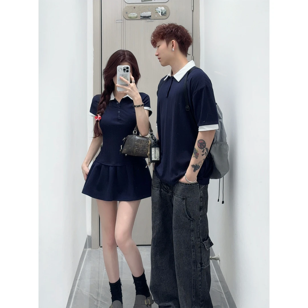 小众设计感情侣装夏季2025韩版短袖男T恤连衣裙法式一裙一衣ins潮