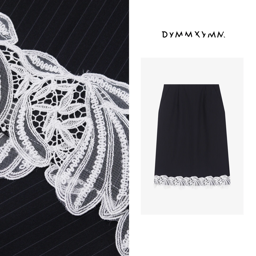 【DYMMXYMM】-春夏极简风藏青色花边刺绣拼接半裙-5SSK9492