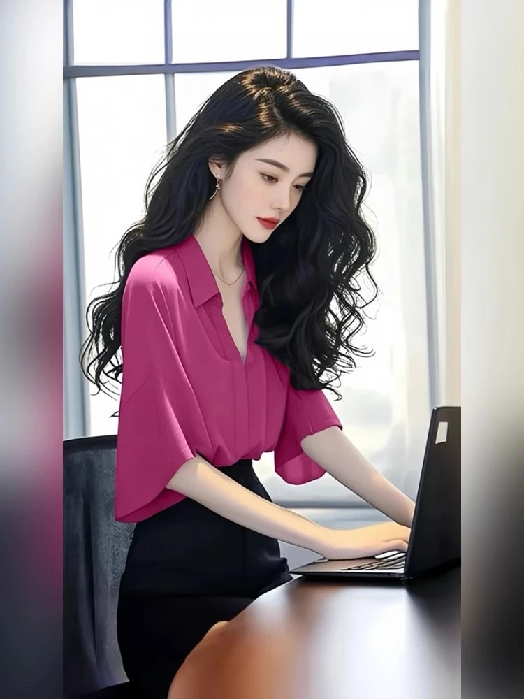 法式独特玫红色短袖衬衫女夏季新款冷淡系高级感气质雪纺宽松上衣