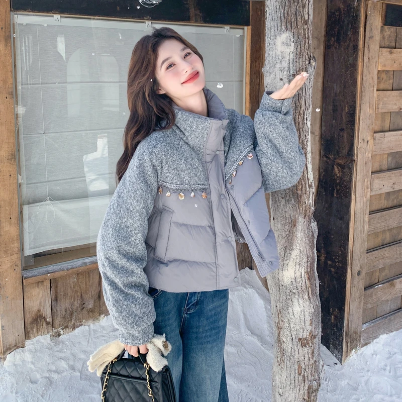 立领拼接毛呢羽绒服女2025冬季新款小个子保暖厚短款90白鸭绒外套