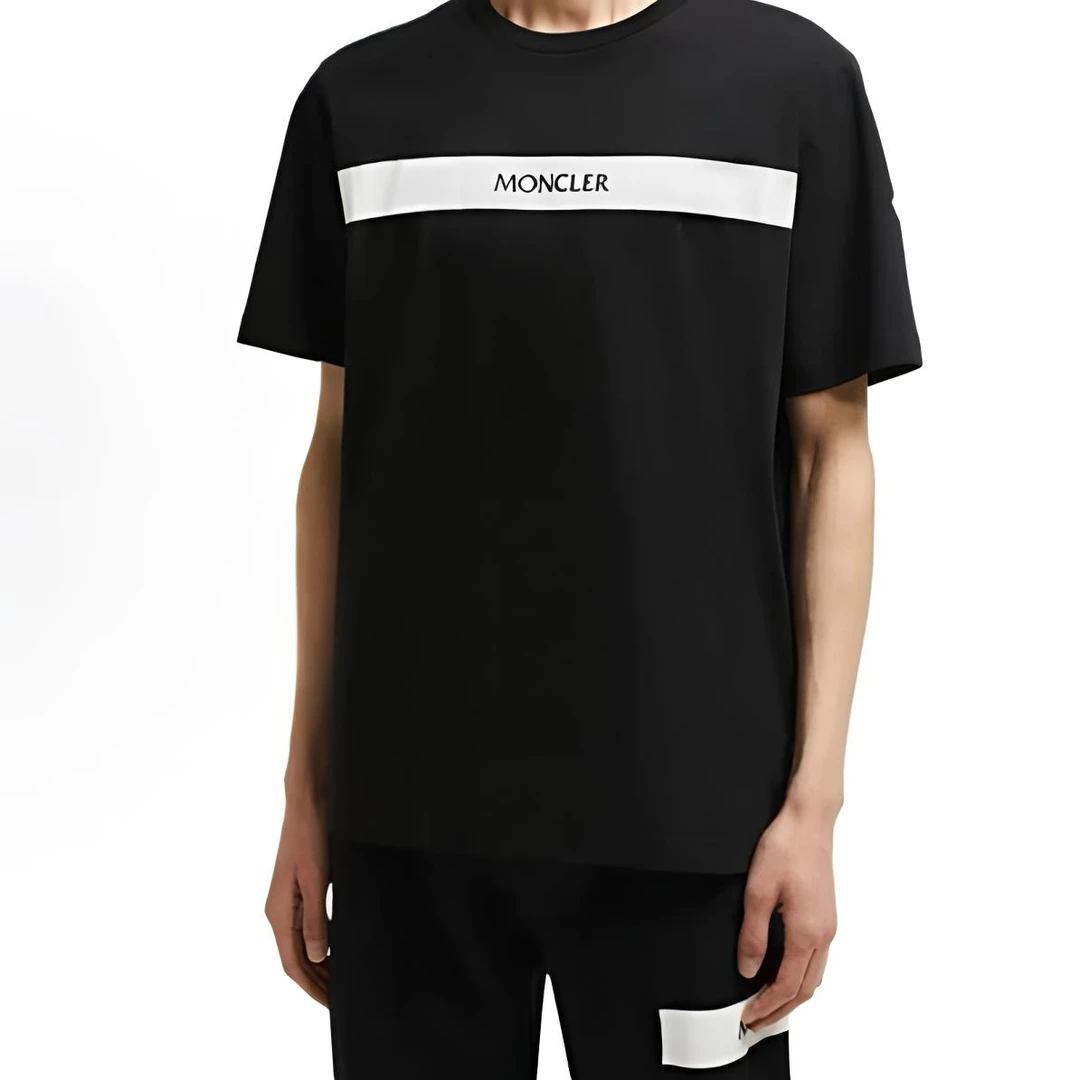 未使用 MONCLER 盟可睐蒙口黑色白色条纹拼接字母印花短袖T恤