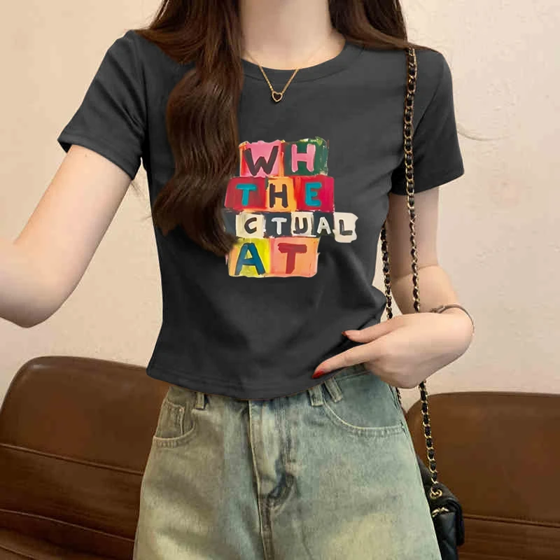 夏季短款美式印花短袖t恤女2025新款修身显瘦时尚设计感纯棉上衣