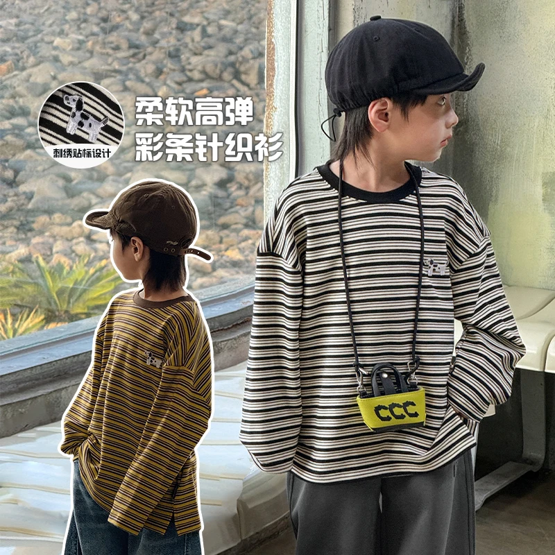 【宝妈必看】春秋款男童条纹长袖T恤 | 刺绣贴标小狗图案 | 8128