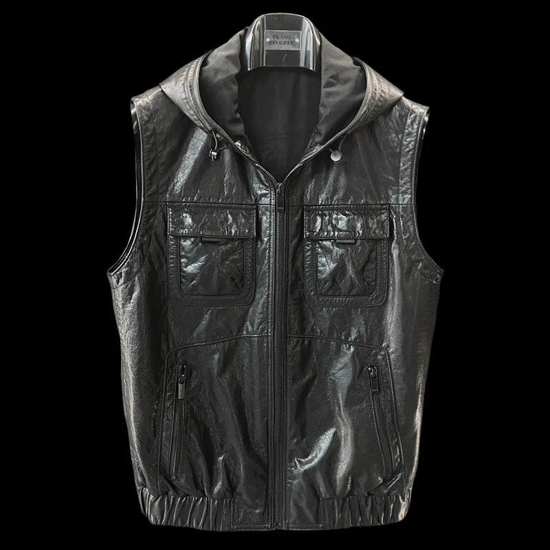 1550真皮皮衣男士马甲牛皮短款连帽无袖皮夹克休闲时尚马夹外套