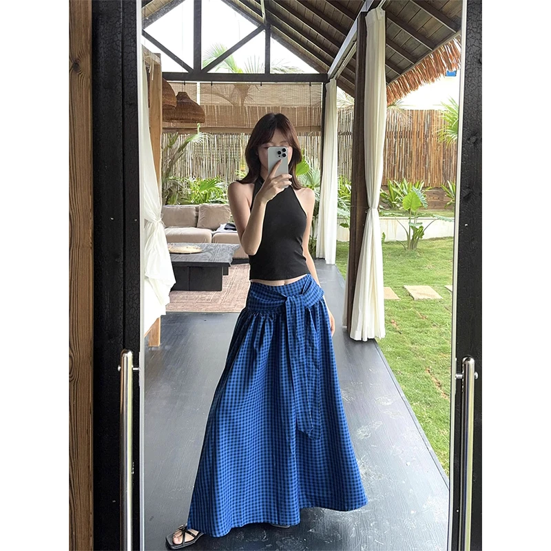 网红洋气炸街女装无袖修身背心上衣蓝色格子裙系带高腰a字半身裙