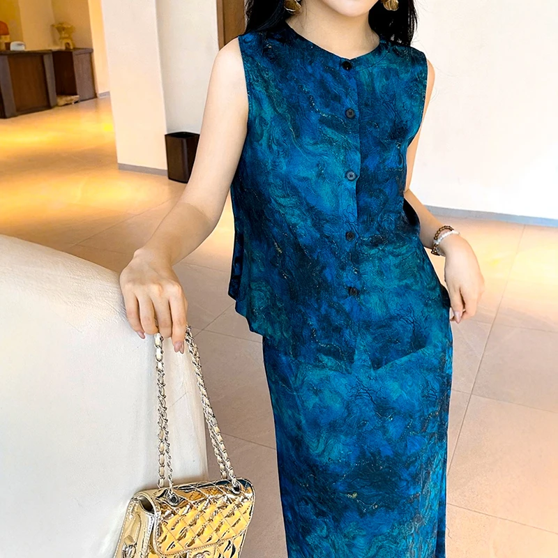 欧洲站2025夏季新款时尚孔雀蓝套装裙女无袖背心显瘦半身裙两件套