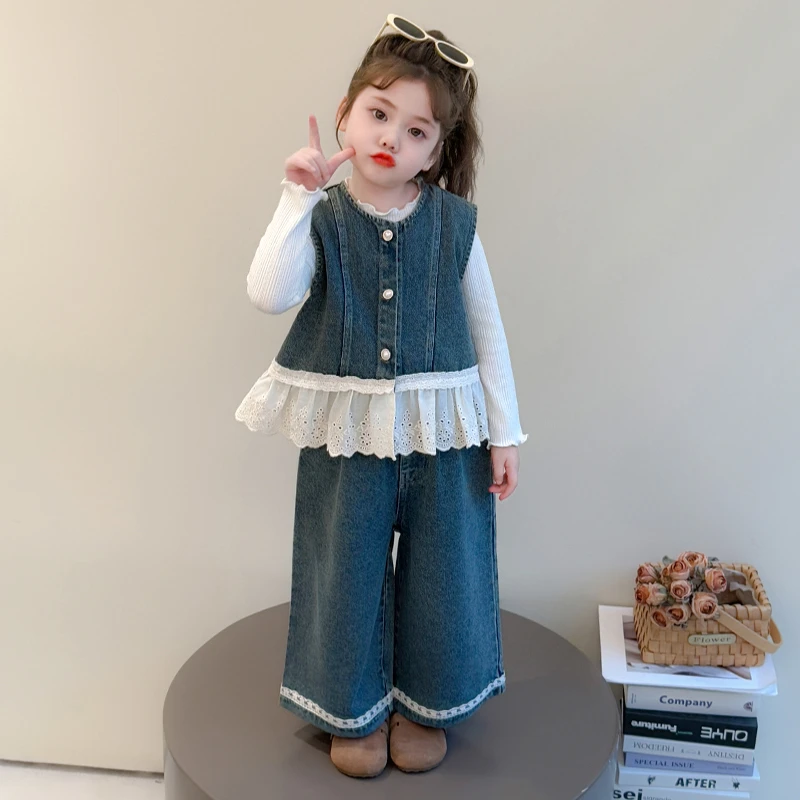 女童牛仔套装洋气儿童春秋季新款韩版女宝宝马甲三件套小女孩时髦