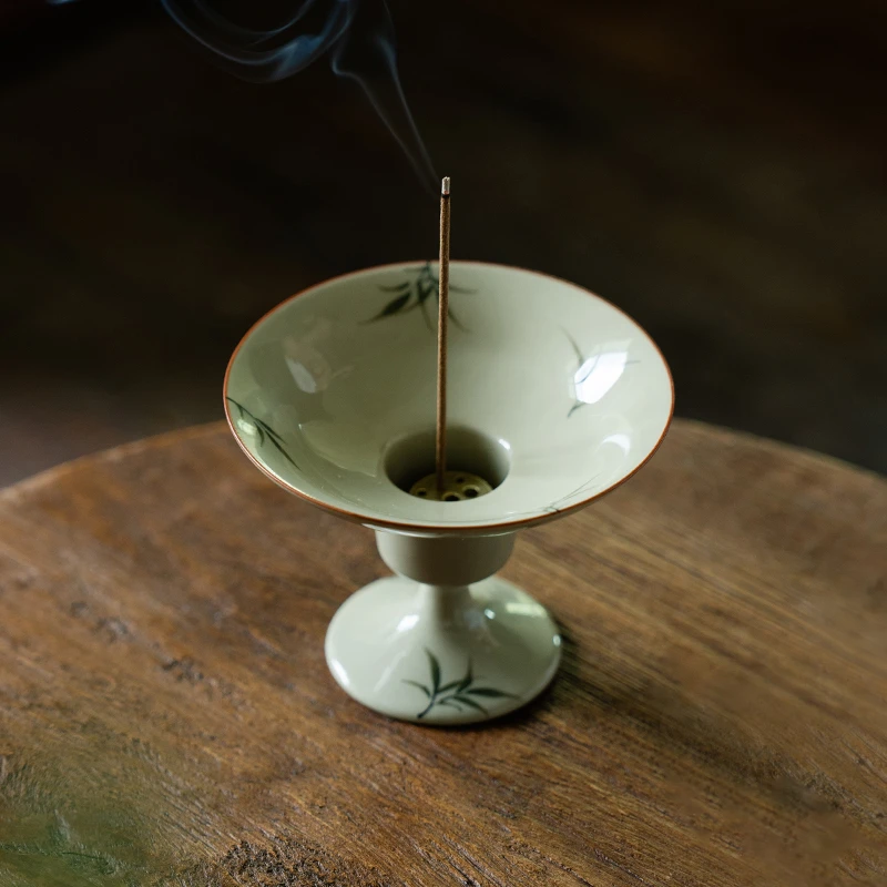 （阿萌茶事）草木灰纯手绘筱竹-高足小圆香插