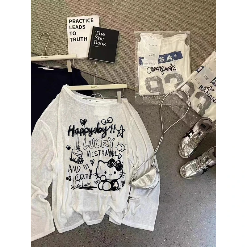 【ZHAP】新款斜肩防晒罩衫女夏季长袖t恤宽松显瘦上衣小众原创欧美