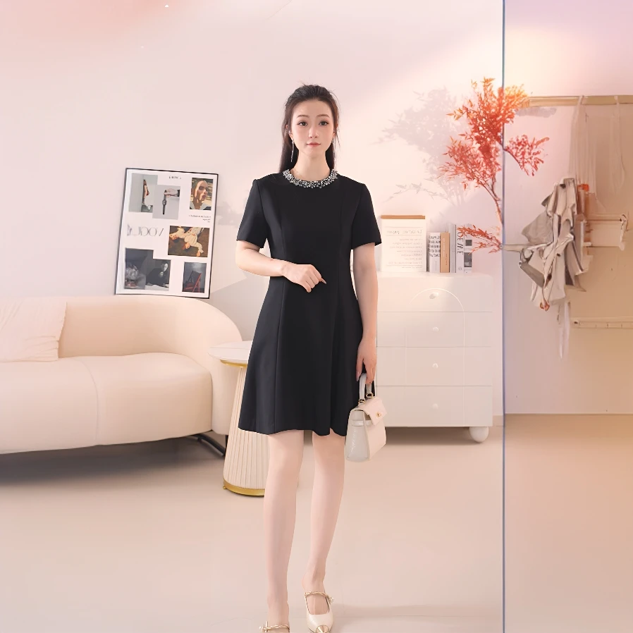 H221朗Z醋酸法式白色夏季新款收腰小香风连衣裙女