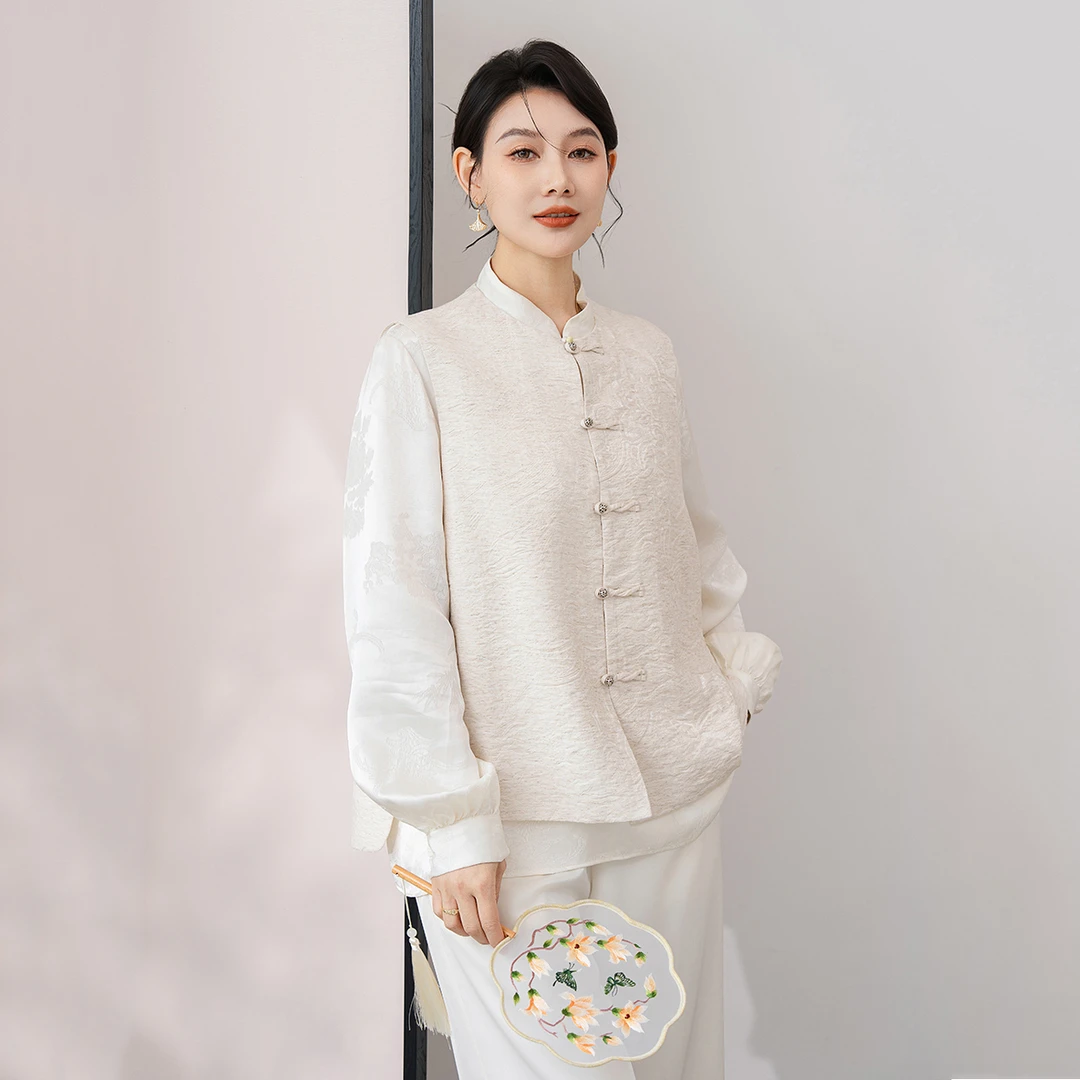 【竹月花语女装定制】重工丝麻织花新中式立领马甲国风提花盘扣马甲