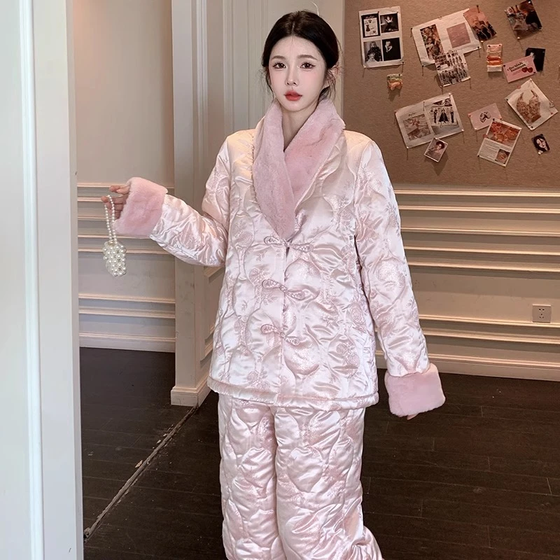2024新款国风珊瑚绒三层夹棉睡衣女加绒加厚冬季外穿新中式家居服