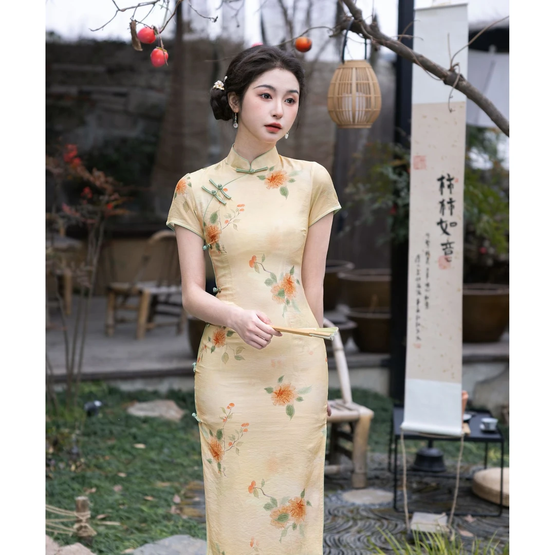 【黄花】送考黄色旗袍裙少女夏季2025新款改良新中式年轻天丝麻5599