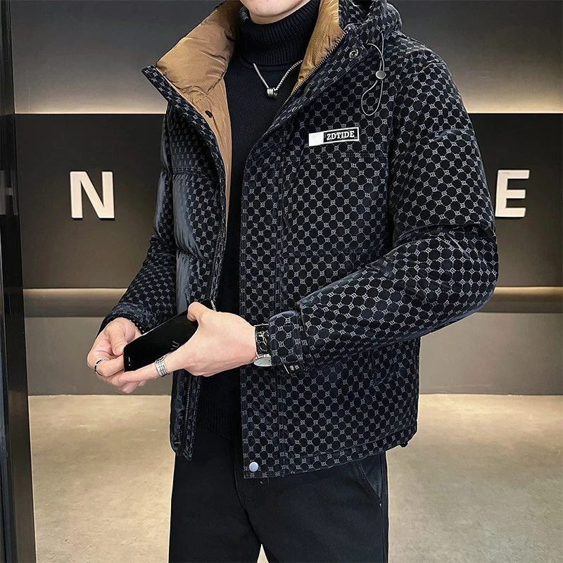 痞帅工装连帽羽绒服男款潮牌字母满印短款加厚保暖冬季防寒服外套