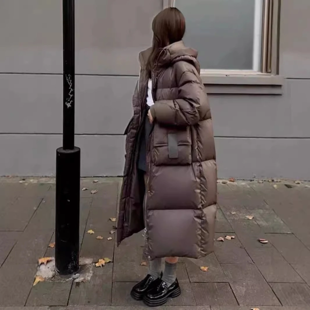 DUCURNO休闲连帽羽绒服女冬季2026新款时尚加厚保暖过膝长款外套