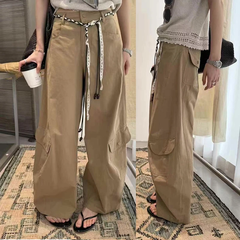 秋季新款卡其色显瘦休闲裤直筒裤女设计感百搭高腰工装裤阔腿裤