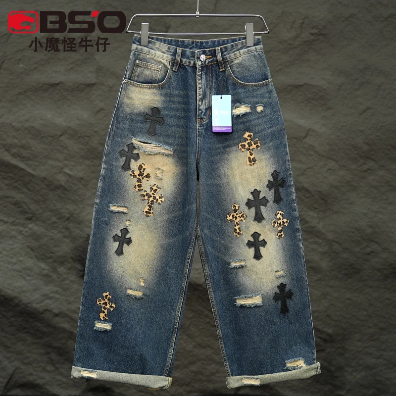 小魔怪秋季美式高街豹纹十字架贴皮牛仔裤男潮牌宽松直筒破洞长裤
