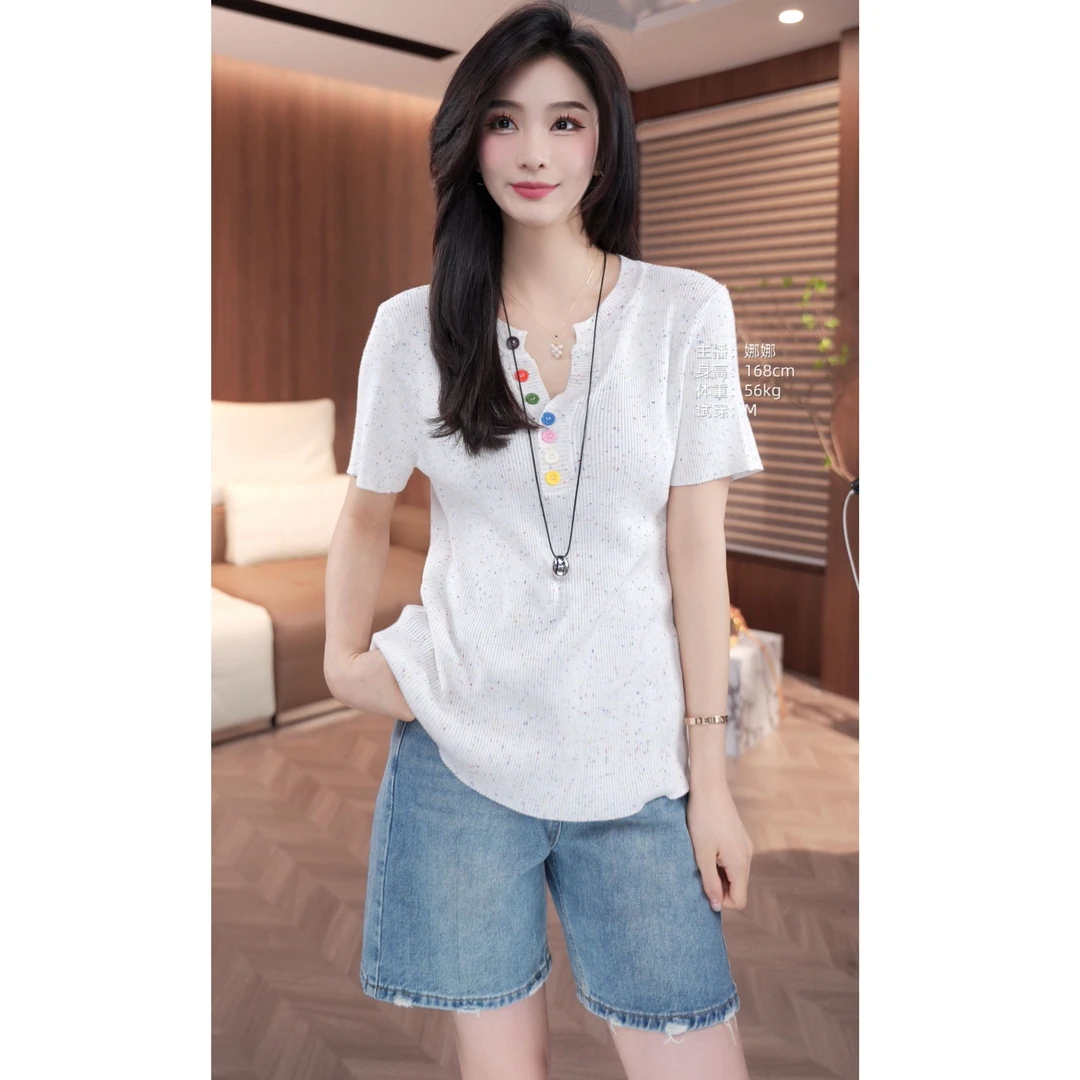 [麦霓严选]2025新款彩色扣子针织短袖t恤9266
