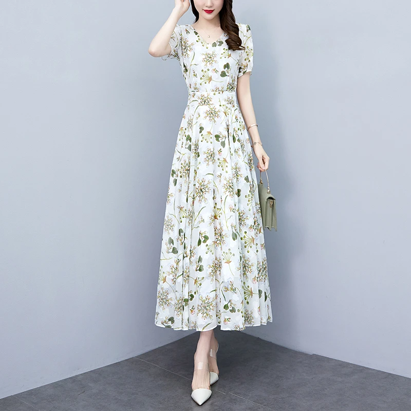 2025夏季新款雪纺碎花连衣裙大码胖mm收腰显瘦遮肚长裙优雅气质