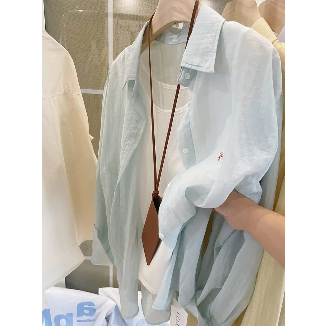 韩版设计感小狗刺绣防晒衬衫女宽松显瘦中长款衬衣上衣赠送头花