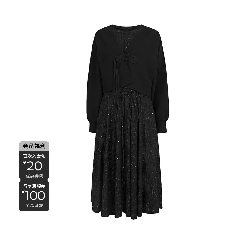 S·DEER圣迪奥时尚气质黑色减龄长袖裙子轻奢国风连衣裙S233Z1442