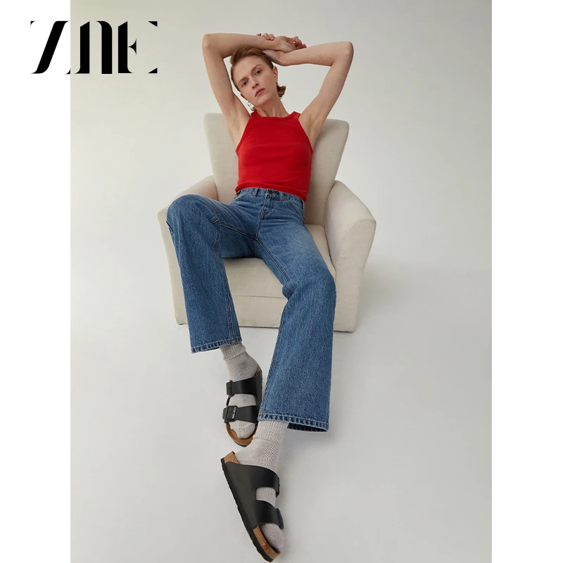 ZNEJeans纯棉高腰复古修身微喇牛仔裤