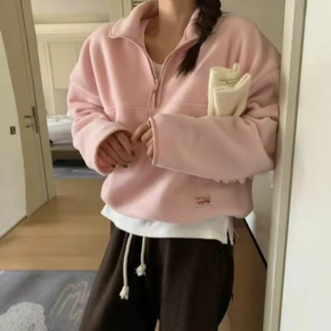韩国25春立领拉链卫衣粉色宽松显瘦