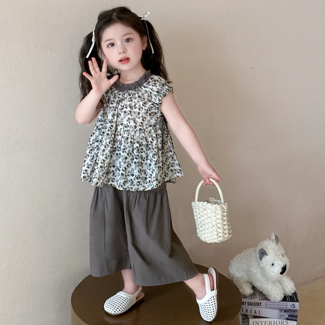 【超洋气夏装女小童纯棉套装】夏季新款碎花森系女宝宝阔腿裤两件套