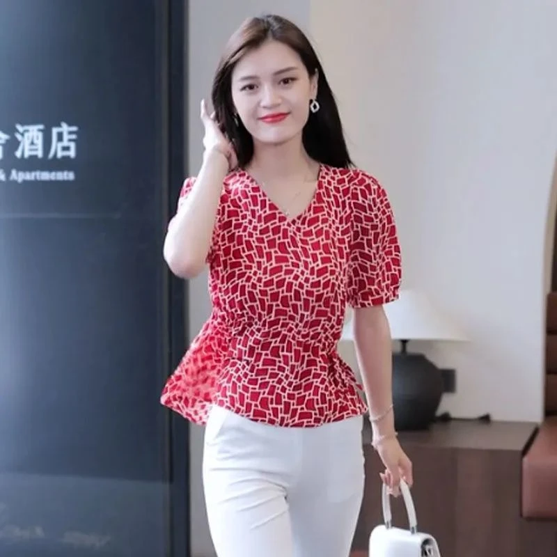 雪纺衫短袖碎花衬衫女2025年夏季薄款褶皱收腰遮肚设计感小众上衣