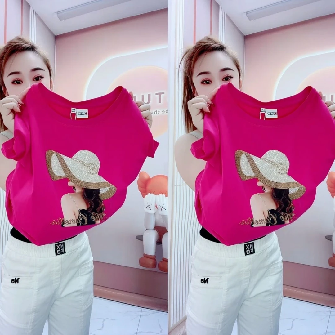 纯棉夏季洋气新款休闲时尚显瘦烫钻重工圆领气质短袖t恤衫