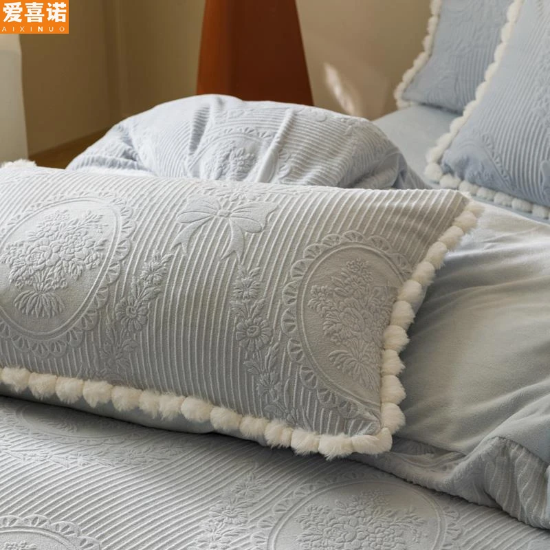 轻奢纯色雕花牛奶绒四件套2026新款冬季珊瑚绒冬天加绒被套厚床单