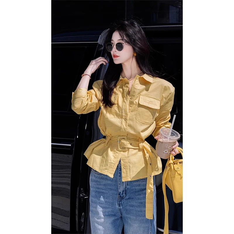 2025超火春装独特超好看绝美小上衣韩系休闲宽松百搭黄色亚麻衬衫