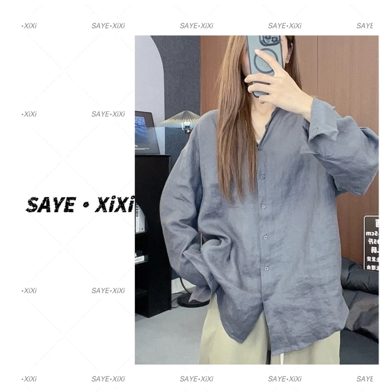 欧货纯色口袋中长款长袖开衫女2025秋季韩版宽松休闲衬衫纯色上衣