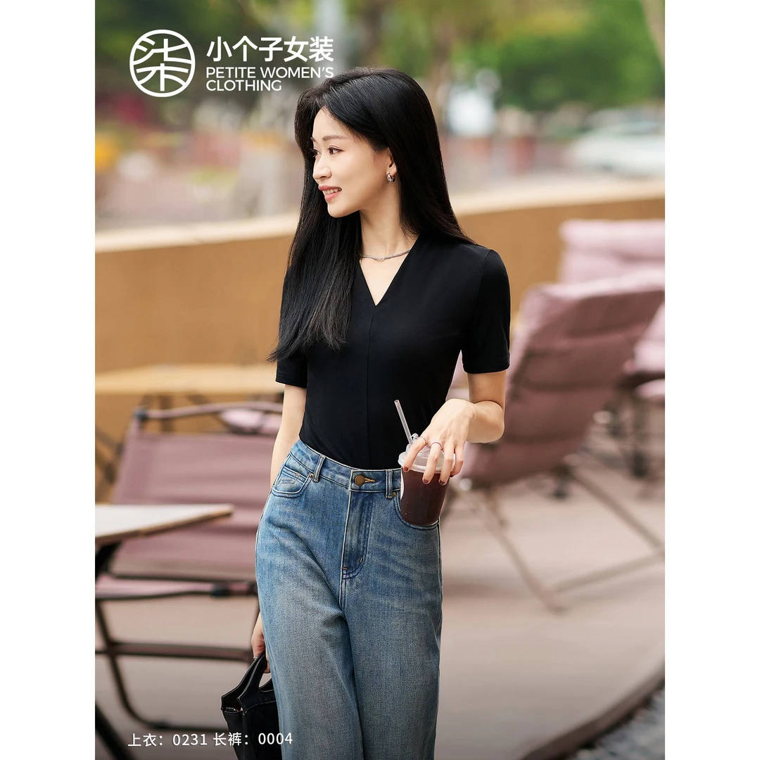 【柒量一裁】0231小个子黑色V领短袖针织上衣女内搭洋气百搭打底衫