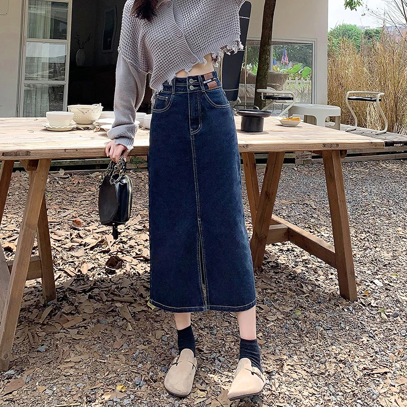 A字高腰牛仔半身裙女显瘦遮胯中长款复古包臀裙前开叉双扣设计感