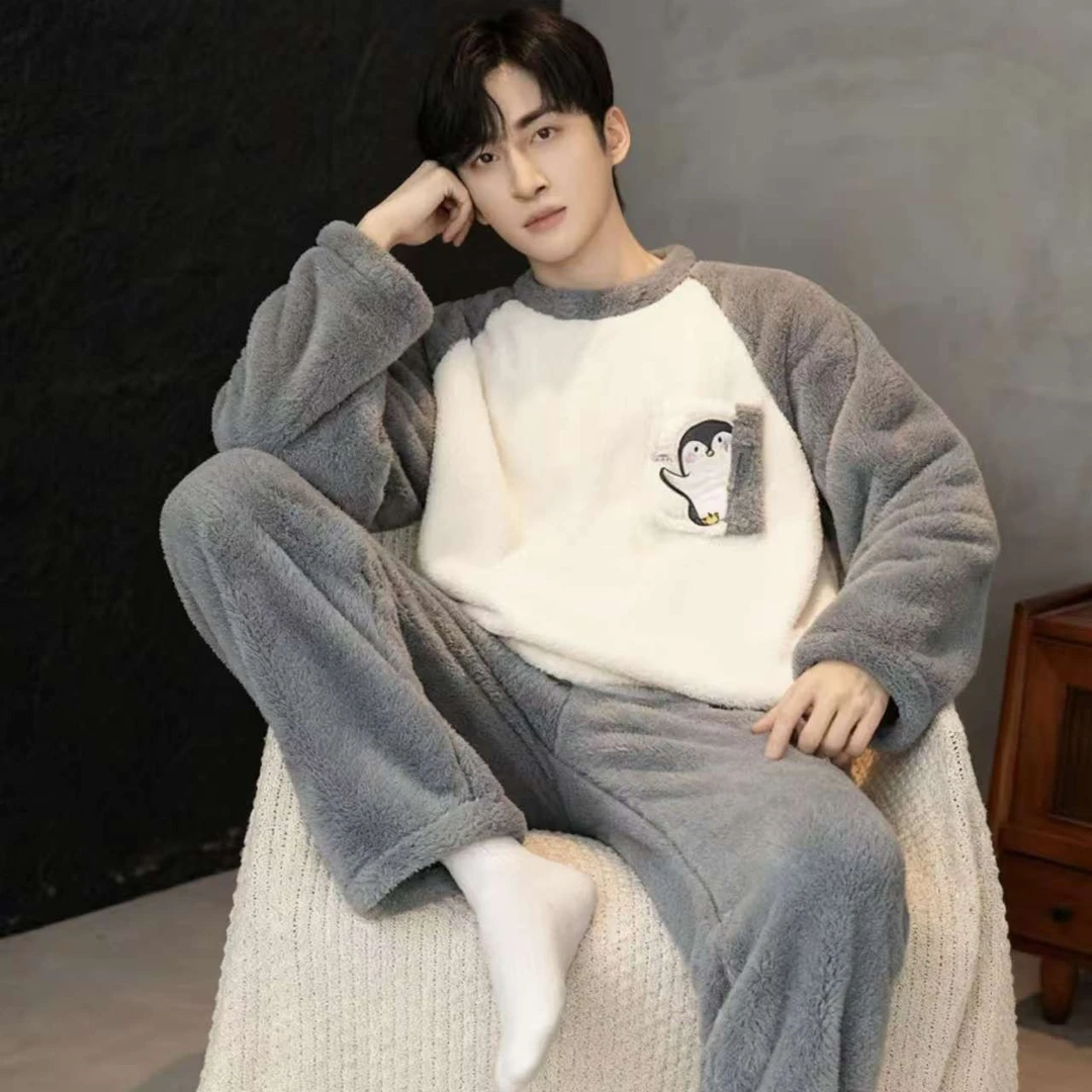 红豆居家加绒保暖毛绒卡通动漫学生睡衣秋冬季长袖家居服套装男士