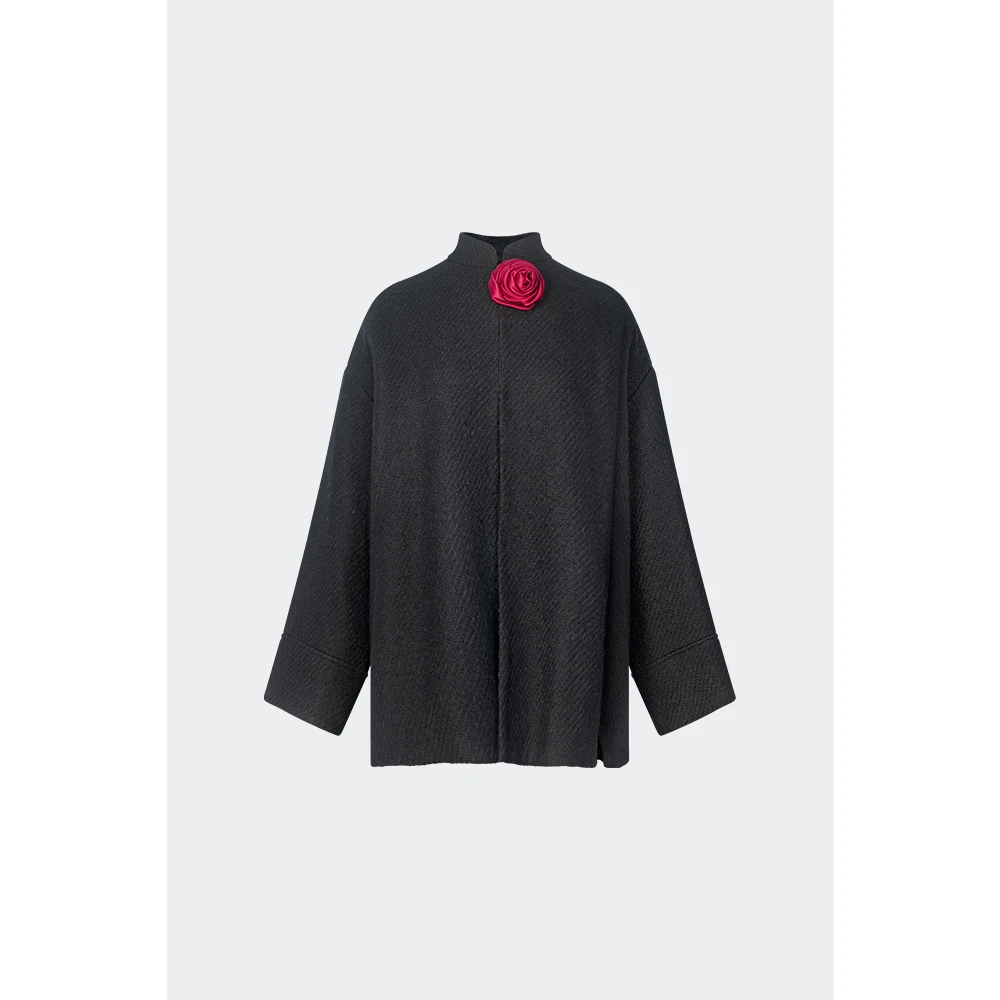 TUYUE涂月 新中式 黑色立领对襟 气质宽松胸花装饰羊毛呢外套秋冬