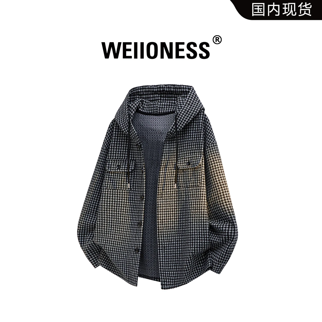 WEIIONESS美式复古撞色格纹衬衫男秋冬季宽松慵懒风连帽开衫外套