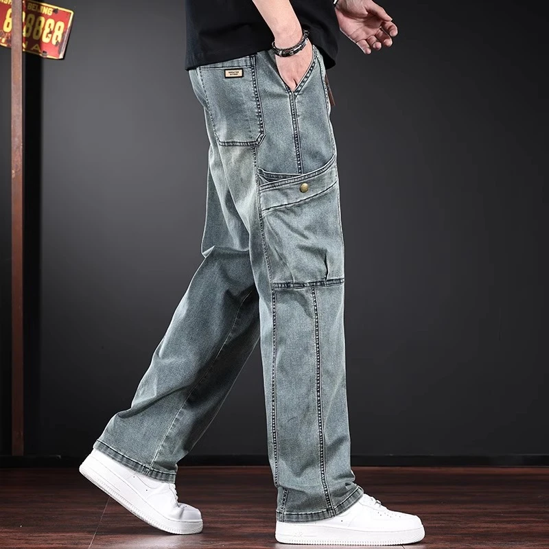 Cebrodz复古工装牛仔裤男士莱赛尔天丝夏季薄款多口袋怀旧阔腿裤
