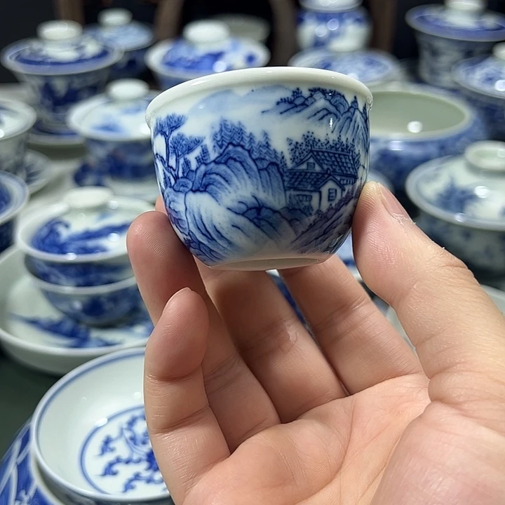 柴窑青花加彩工笔山水小缸杯