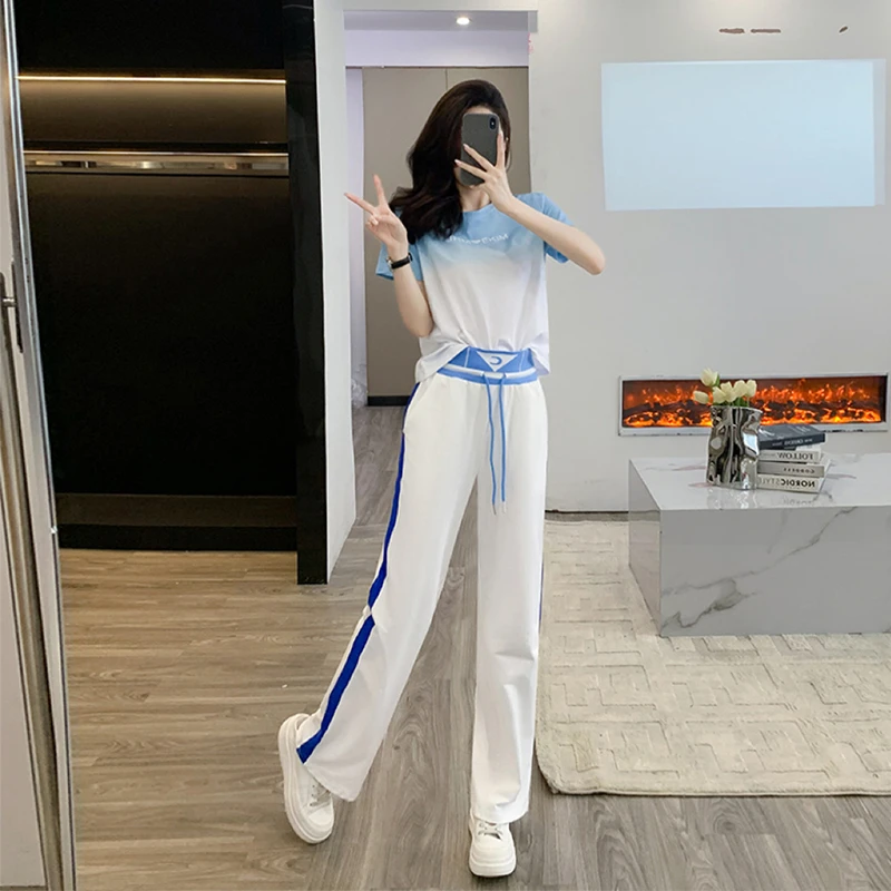 盐系穿搭休闲运动套装女2025夏洋气减龄渐变短袖t恤阔腿裤两件套