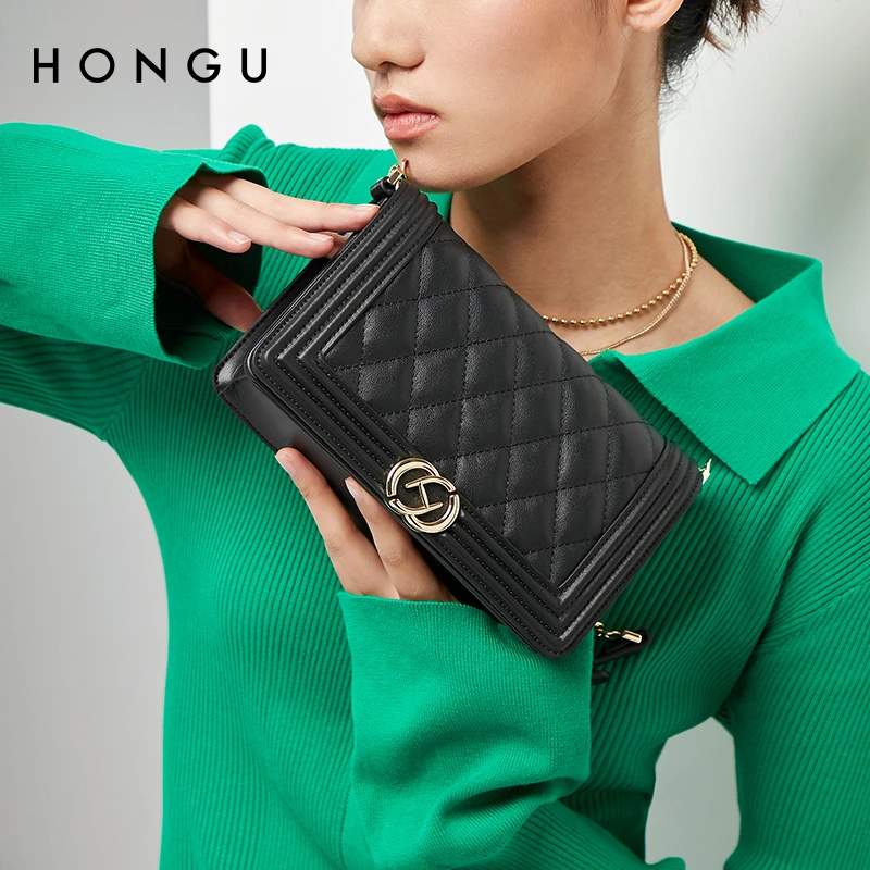 HONGU/红谷新款牛皮菱格链条单肩包时尚百搭斜挎包小方包H5124527
