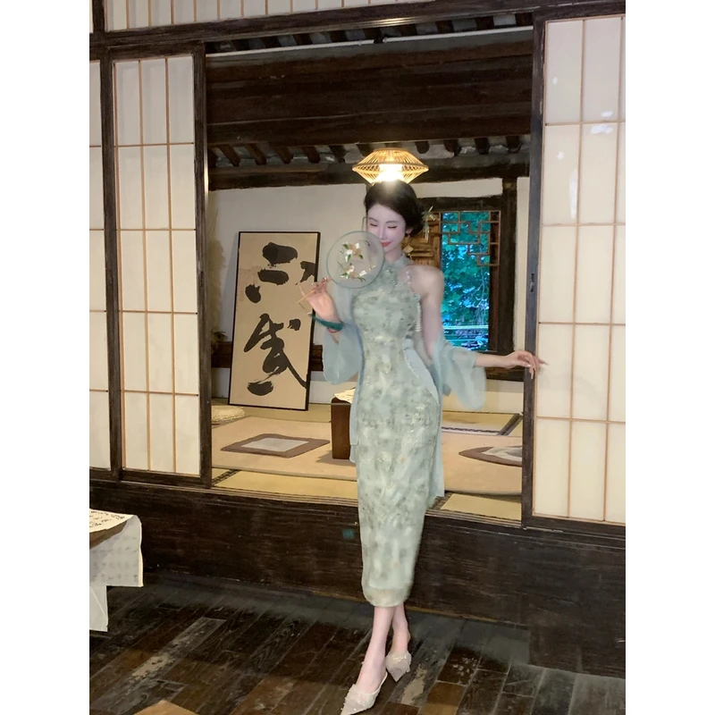 【雅乔定制】白玉春辰 金线绣花新中式国风雪纺旗袍裙DYLL-24126643