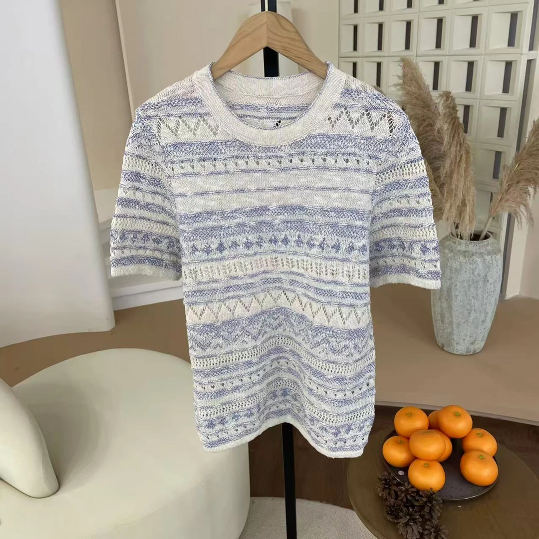 【康宝莱】进口雨露棉交织亚麻真丝圆领镂空短袖T恤凉感针织衫