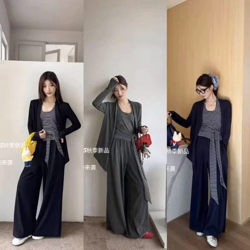 2025早秋新款慵懒风纯色长袖开衫+条纹背心+显瘦垂感休闲裤三套装