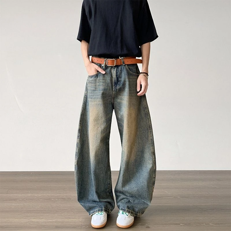 八月美式复古做旧牛仔裤水洗直筒裤男女同款百搭拖地宽松蓝牛仔裤