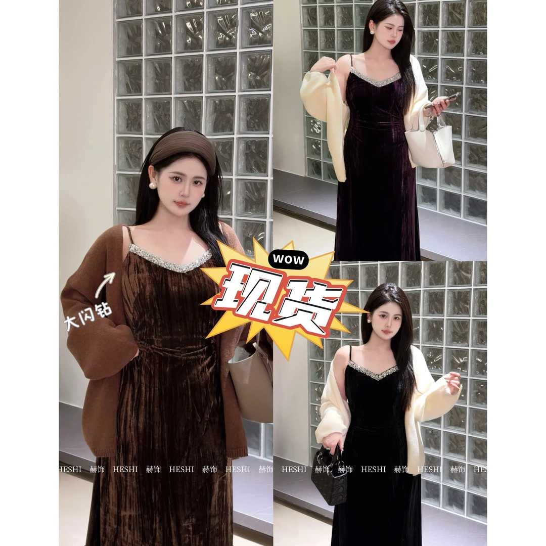 现货【嘎嘎】大码胖mm秋冬新款显瘦气质毛衣外套+丝绒连衣裙10004D